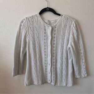 Vintage white cream knitted 3/4 sleeve cardigan sweater medium good condition